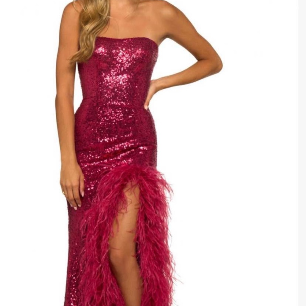 Sherri Hill, Berry colored, strapless, train, feather slit. Size 2.